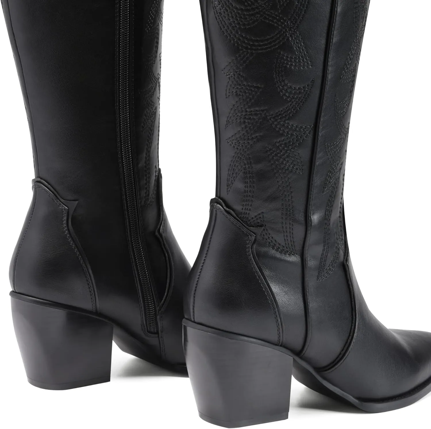 DREAM PAIRS Womens Cowboy Boots Wide Calf Comfortable Pull On Zipper Chunky Heel Pointed Toe Embroidered Western Cowgirl Knee High Boots Girls Ladies Retro Tall Boot