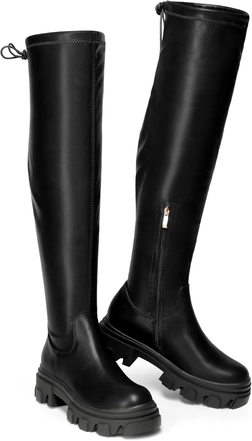 DREAM PAIRS Women's Over The Knee Platform Thigh High Boots Long Stretch Soft Chunky Lug Sole Fall Boots