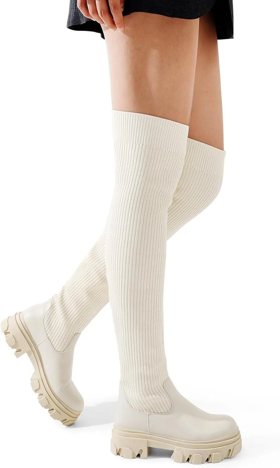 DREAM PAIRS Women's Over The Knee Platform Thigh High Boots Long Stretch Soft Chunky Lug Sole Fall Boots