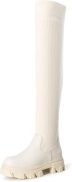 DREAM PAIRS Women's Over The Knee Platform Thigh High Boots Long Stretch Soft Chunky Lug Sole Fall Boots