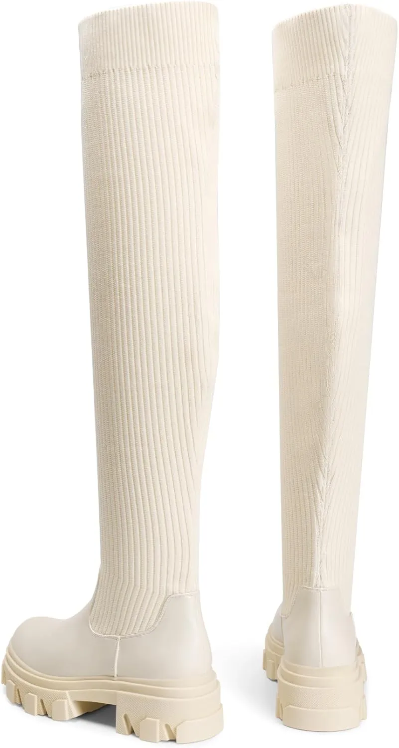 DREAM PAIRS Women's Over The Knee Platform Thigh High Boots Long Stretch Soft Chunky Lug Sole Fall Boots