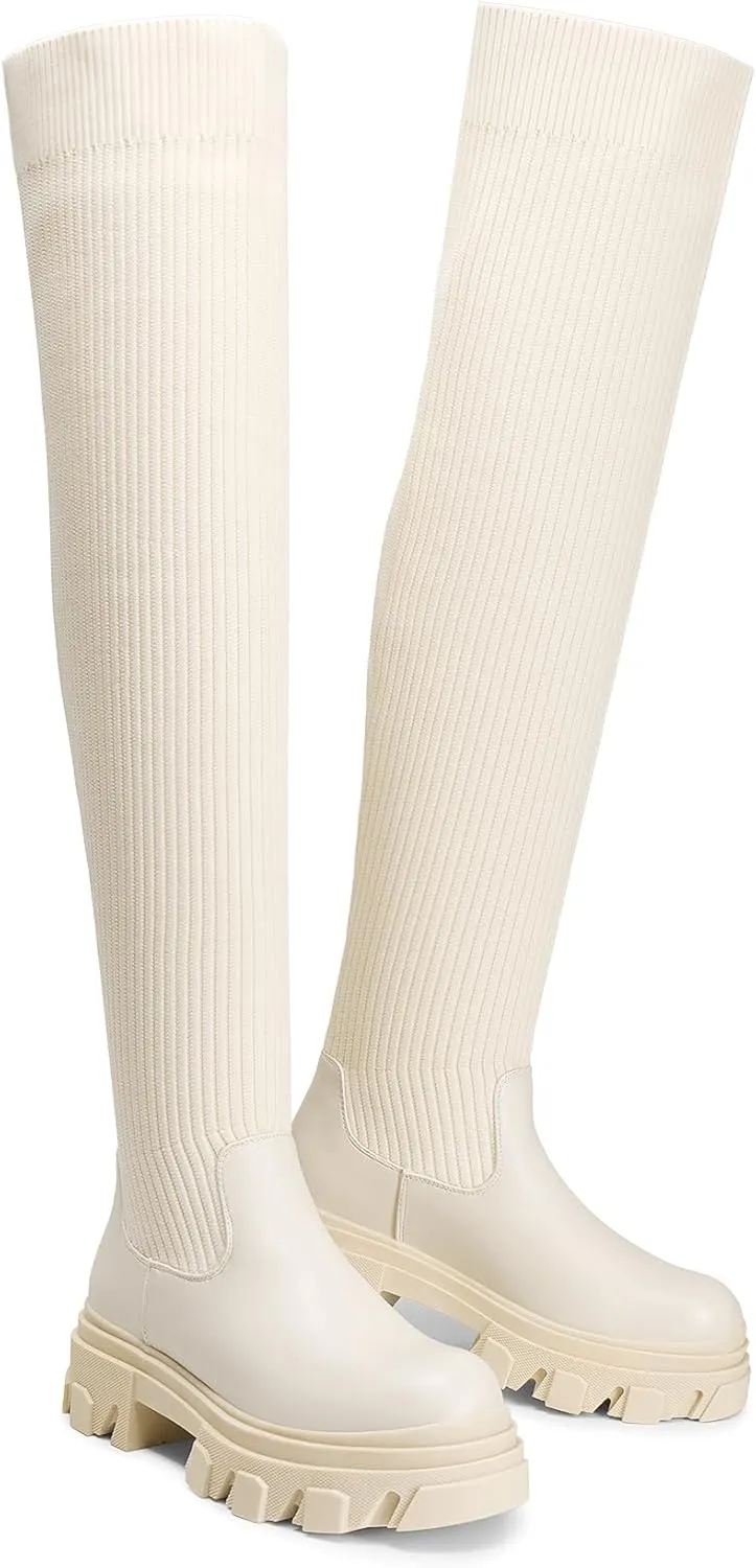 DREAM PAIRS Women's Over The Knee Platform Thigh High Boots Long Stretch Soft Chunky Lug Sole Fall Boots