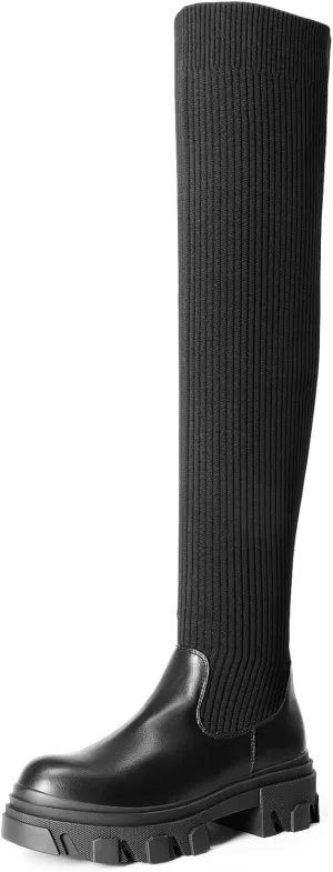 DREAM PAIRS Women's Over The Knee Platform Thigh High Boots Long Stretch Soft Chunky Lug Sole Fall Boots