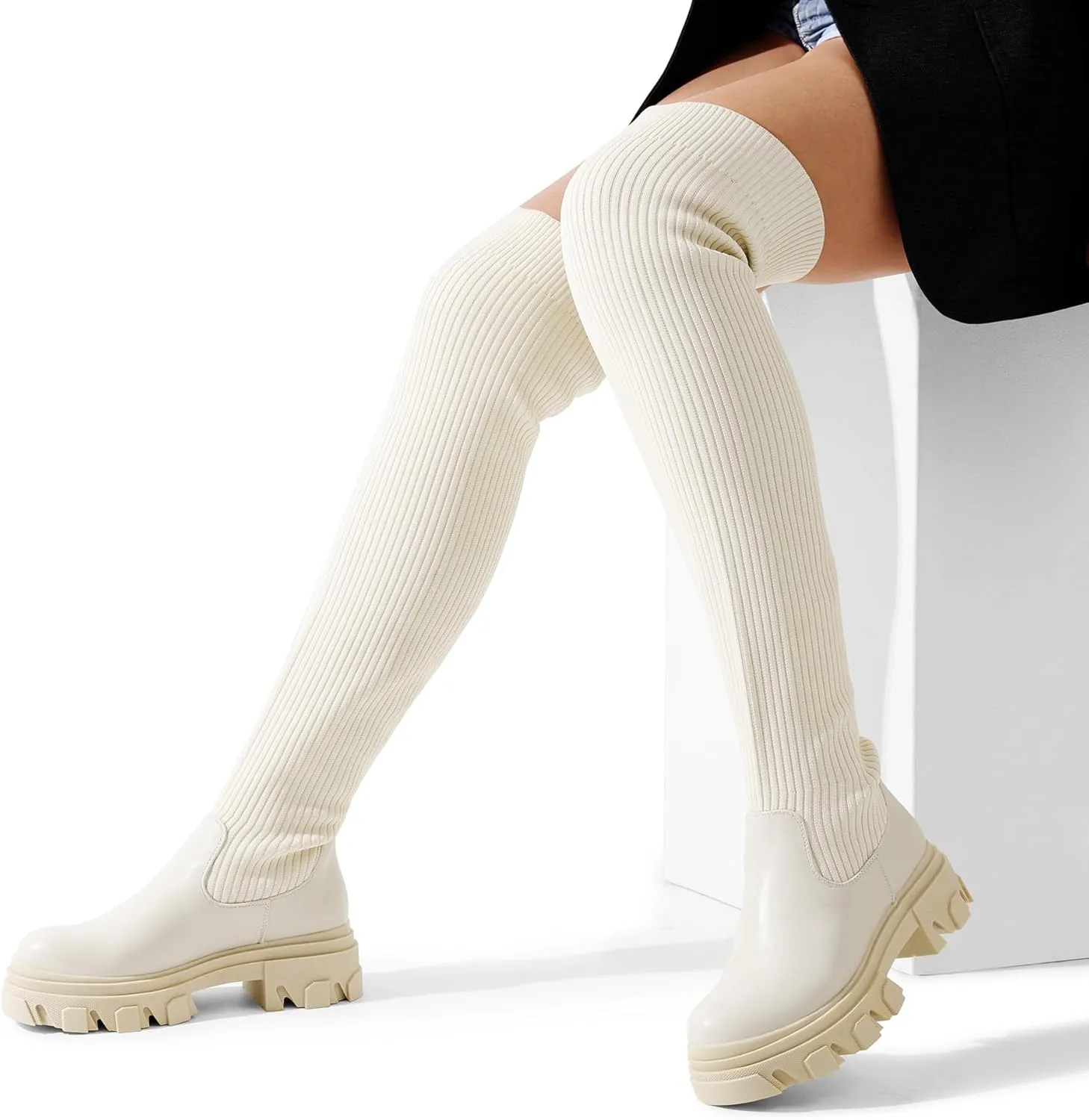 DREAM PAIRS Women's Over The Knee Platform Thigh High Boots Long Stretch Soft Chunky Lug Sole Fall Boots