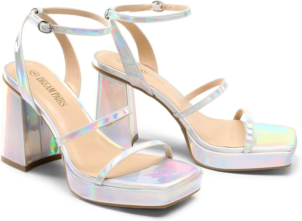 DREAM PAIRS Women's Platform Strappy Heels Open Toe Ankle Strap Square Party Sandals Y2K Dress Shoes
