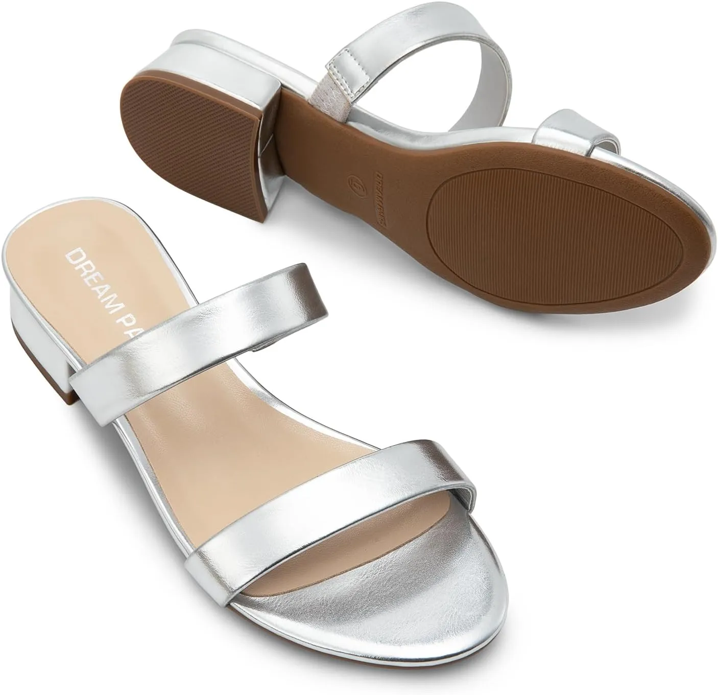 DREAM PAIRS Women's Slides Heels Slip On Low Block Sandals Two Strap Open Round Toe Chunky Casual Summer Mules Shoes