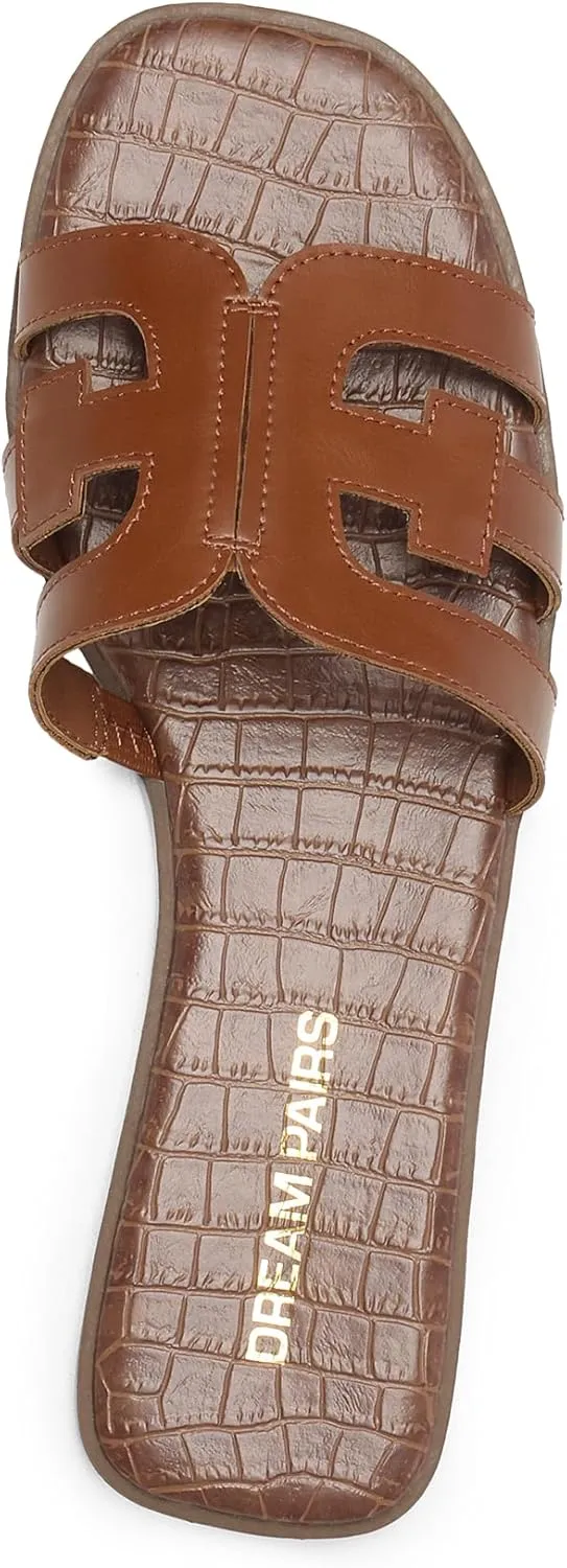 DREAM PAIRS Women's Slip-on Slides Open Toe Dressy Flat Slide Sandals Fashion Classic Summer Beach Slippers