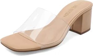 DREAM PAIRS Women's Square Open Toe Heels Sandals Low Block Chunky Heeled Sandals Slide Sandals Slip on Comfortable Casual Pumps Shoes