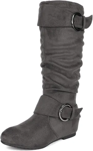DREAM PAIRS Women's Wide Calf Knee High Boots, Fur-lined Low Hidden Wedge Boots