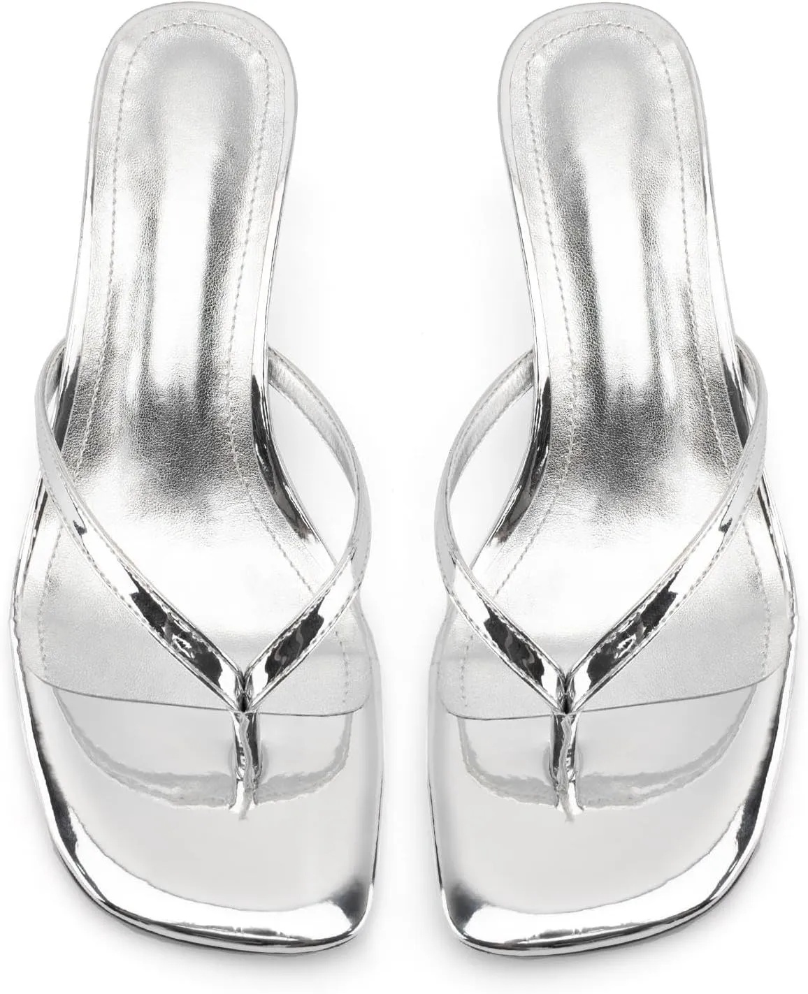 DREAMCIA Square Toe Thong Heeled Sandals Stiletto Slip On Kitten Slingback Flip Flop Heels Slides Summer