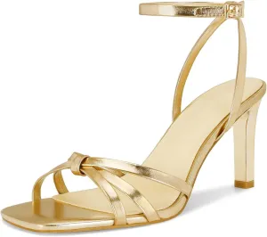 Dsevht Gold Heels for Women Dressy Gold Strappy Bow Heeled Sandals Square Open Toe High Heels Sexy Metallic Dress Shoes for Wedding