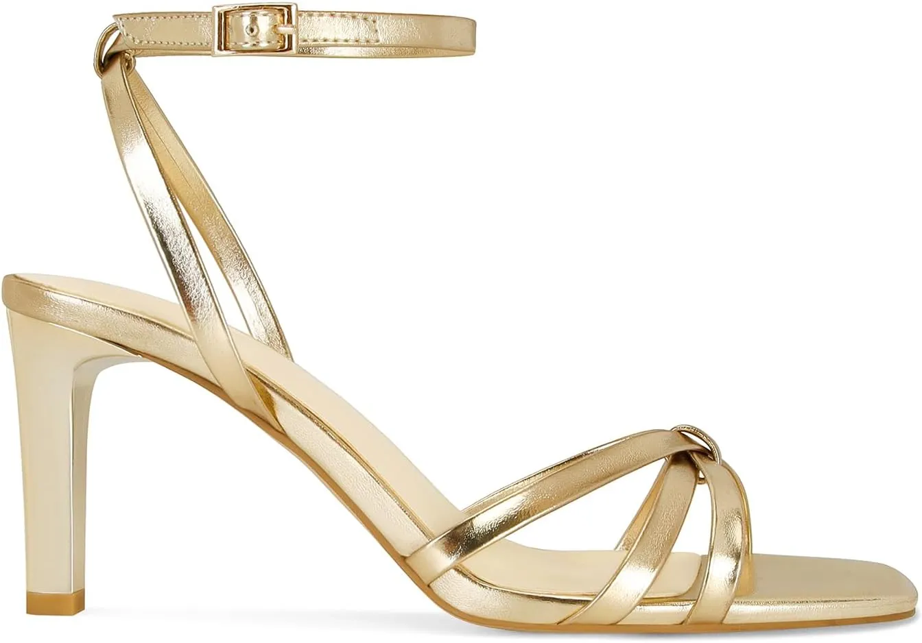 Dsevht Gold Heels for Women Dressy Gold Strappy Bow Heeled Sandals Square Open Toe High Heels Sexy Metallic Dress Shoes for Wedding