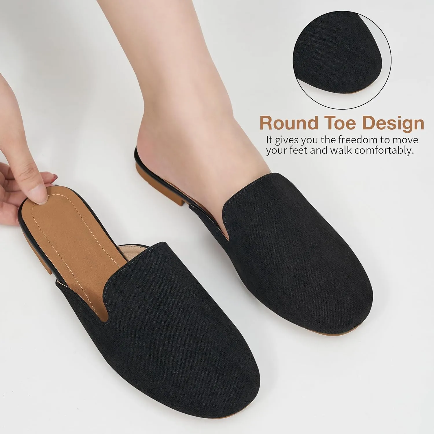 Ecetana Mules for Women Flats Shoes: Comfortable Slip On Casual Work Slides Round Toe Backless Loafers