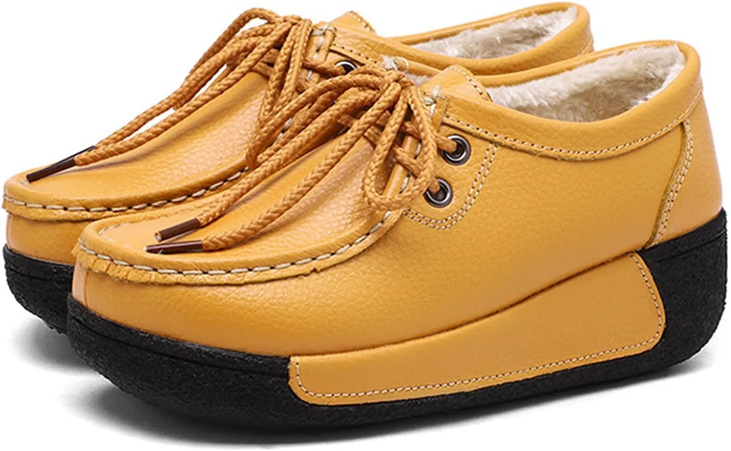 EFTCAL Women's Leather Lace Up Platform Sneakers Comfortable Round Toe Wedge Loafers Breathable Non-Slip Nurse Work Shoes with Arch Support,Rocker Shoes for Women