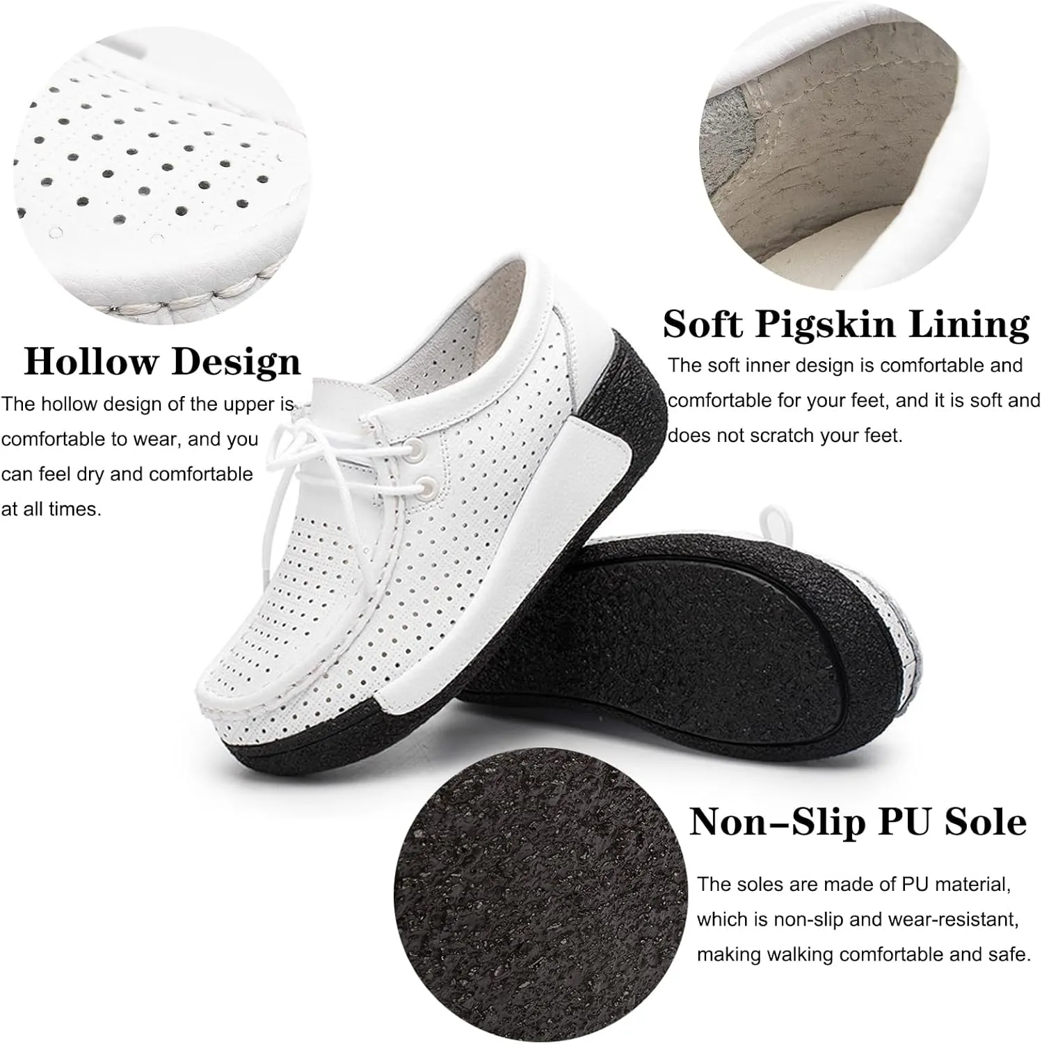 EFTCAL Women's Leather Lace Up Platform Sneakers Comfortable Round Toe Wedge Loafers Breathable Non-Slip Nurse Work Shoes with Arch Support,Rocker Shoes for Women
