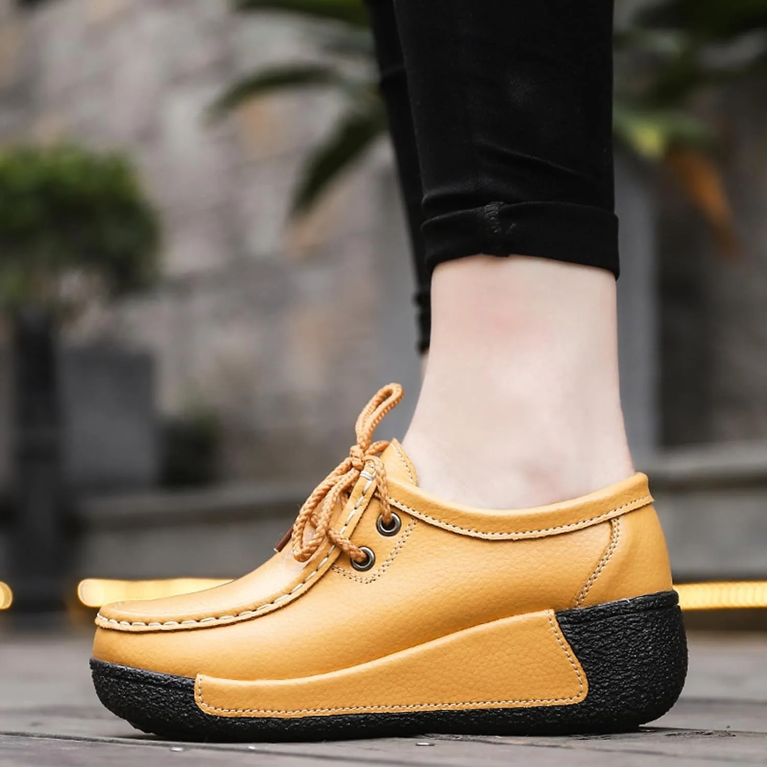 EFTCAL Women's Leather Lace Up Platform Sneakers Comfortable Round Toe Wedge Loafers Breathable Non-Slip Nurse Work Shoes with Arch Support,Rocker Shoes for Women