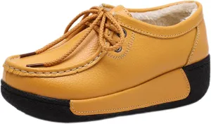 EFTCAL Women's Leather Lace Up Platform Sneakers Comfortable Round Toe Wedge Loafers Breathable Non-Slip Nurse Work Shoes with Arch Support,Rocker Shoes for Women