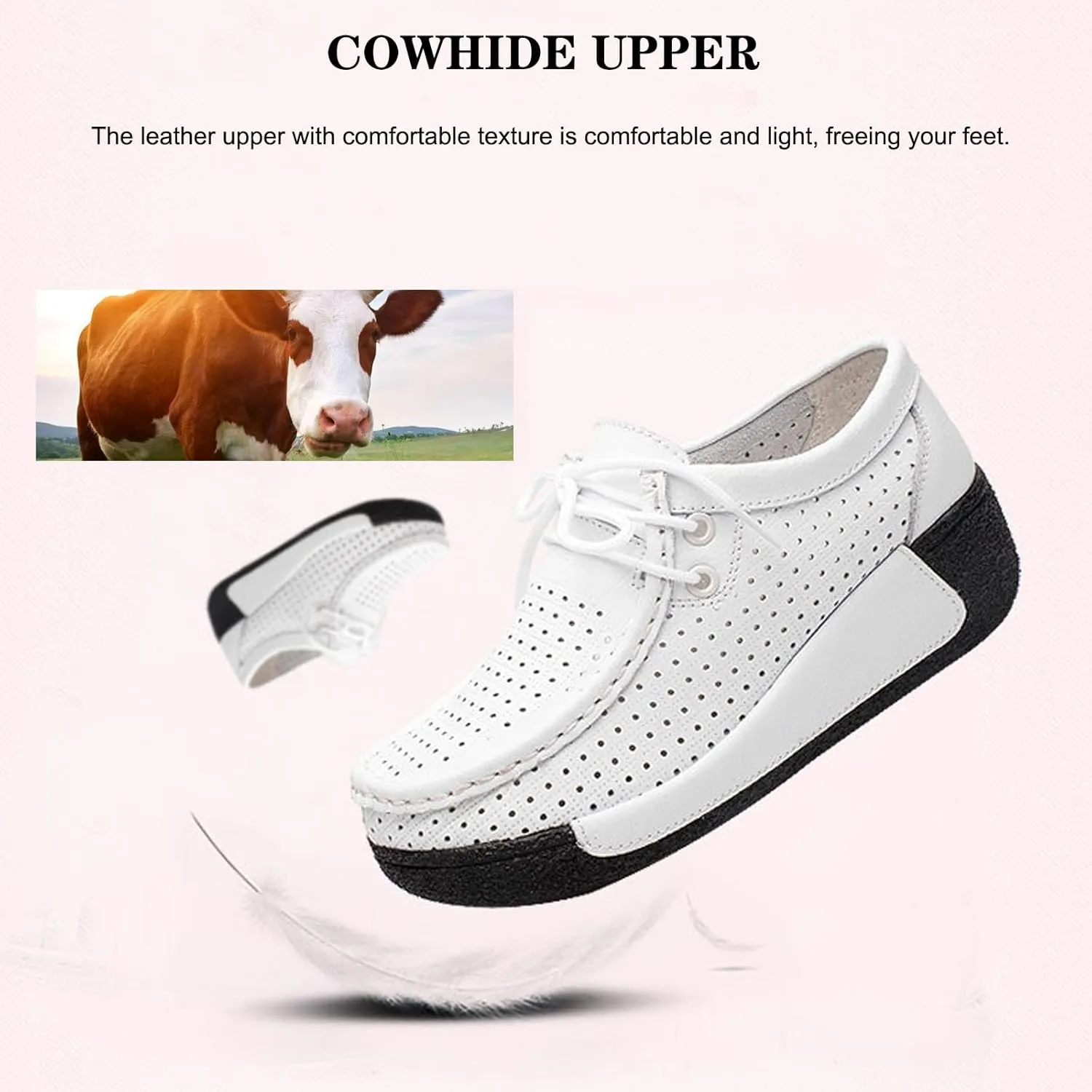 EFTCAL Women's Leather Lace Up Platform Sneakers Comfortable Round Toe Wedge Loafers Breathable Non-Slip Nurse Work Shoes with Arch Support,Rocker Shoes for Women