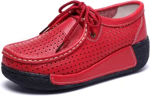 EFTCAL Women's Leather Lace Up Platform Sneakers Comfortable Round Toe Wedge Loafers Breathable Non-Slip Nurse Work Shoes with Arch Support,Rocker Shoes for Women