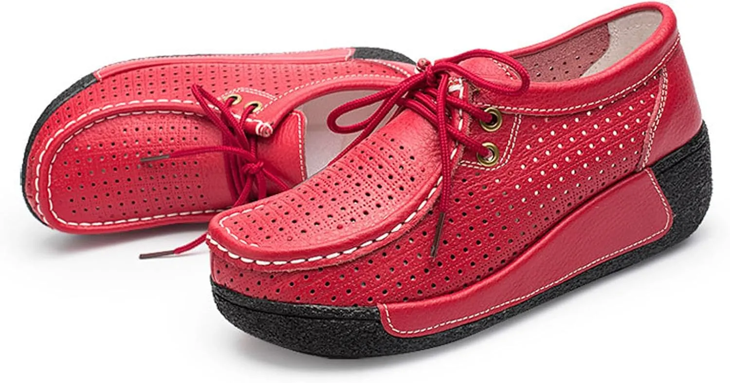 EFTCAL Women's Leather Lace Up Platform Sneakers Comfortable Round Toe Wedge Loafers Breathable Non-Slip Nurse Work Shoes with Arch Support,Rocker Shoes for Women