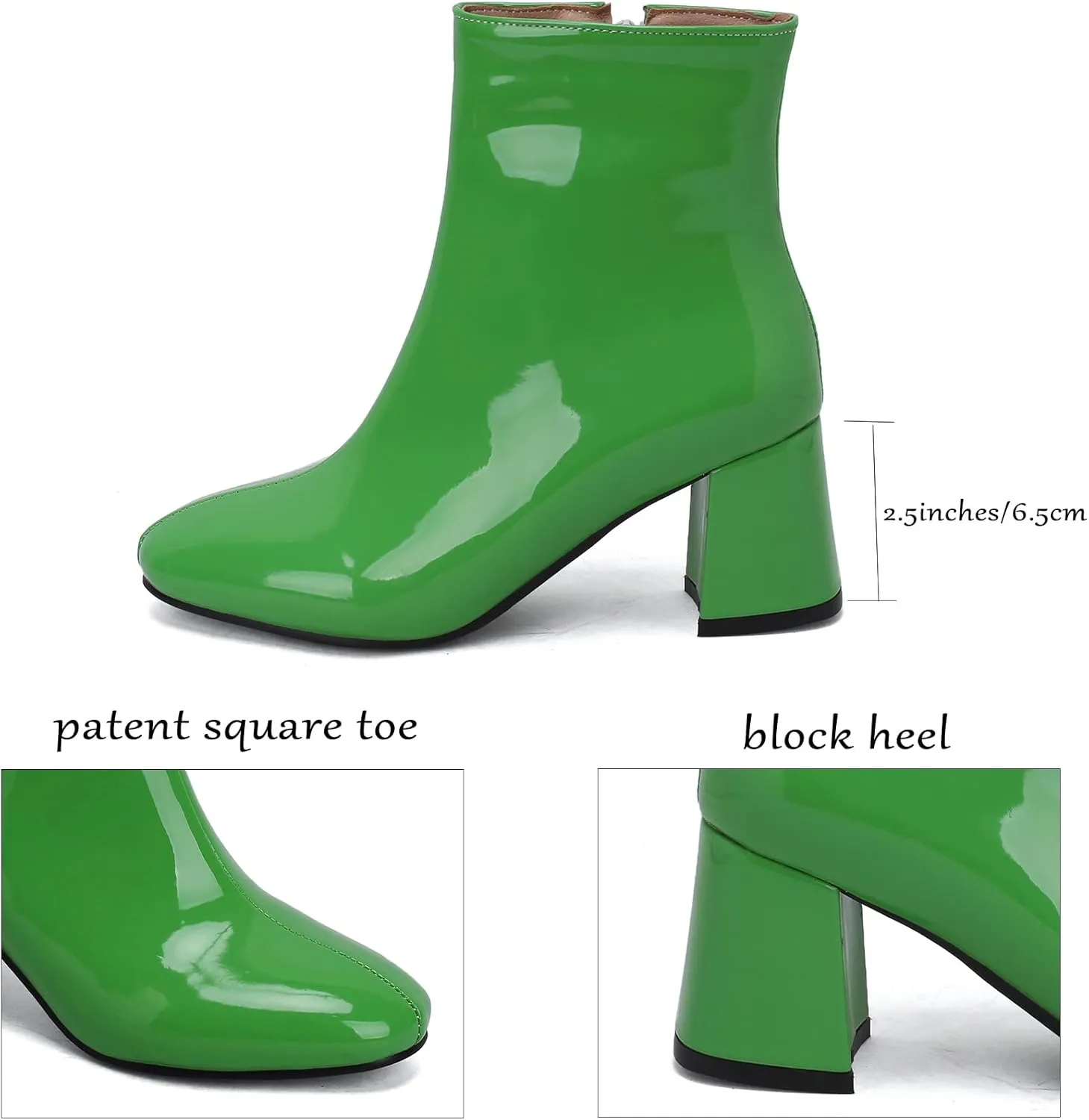 Elbslutt Women's Chunky Heeled Booties Patent Leather Square Toe Ankle Boots Zip Up Block Heel Wide Calf Short Boots