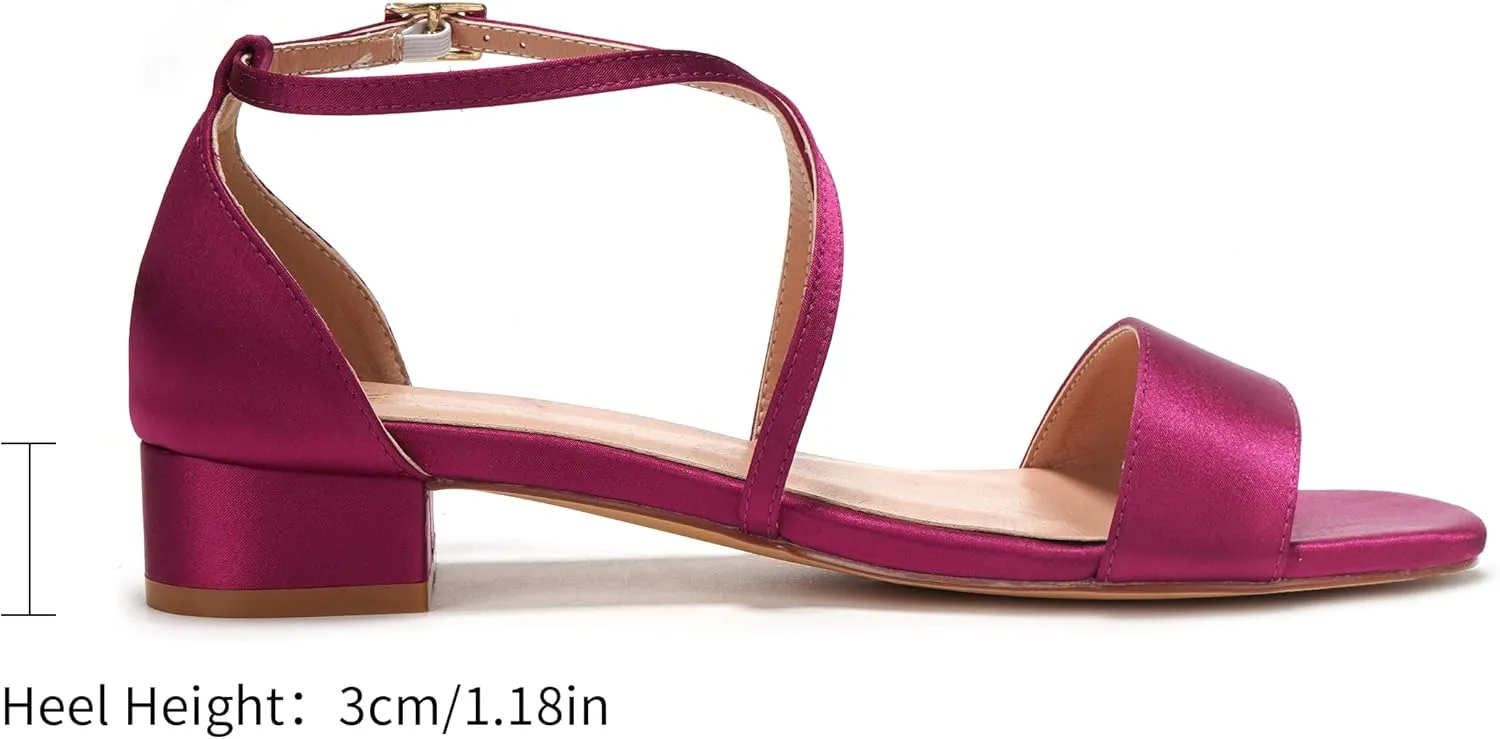 Elivandon J1584 Women's Satin Low-Heel Evening Sandals Open Toe 1.18 inches Block Heel Satin Pumps Evening Party Bridal Wedding Shoes