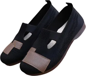 Ellniges]【Non-Slip & Airflow Design Women's Spring Loafers with Elastic Soft Sole, Mane Washable Slip-On Shoes for Standing Work, Lightweight Breathable Walking Shoes for Office/School/Travel Black