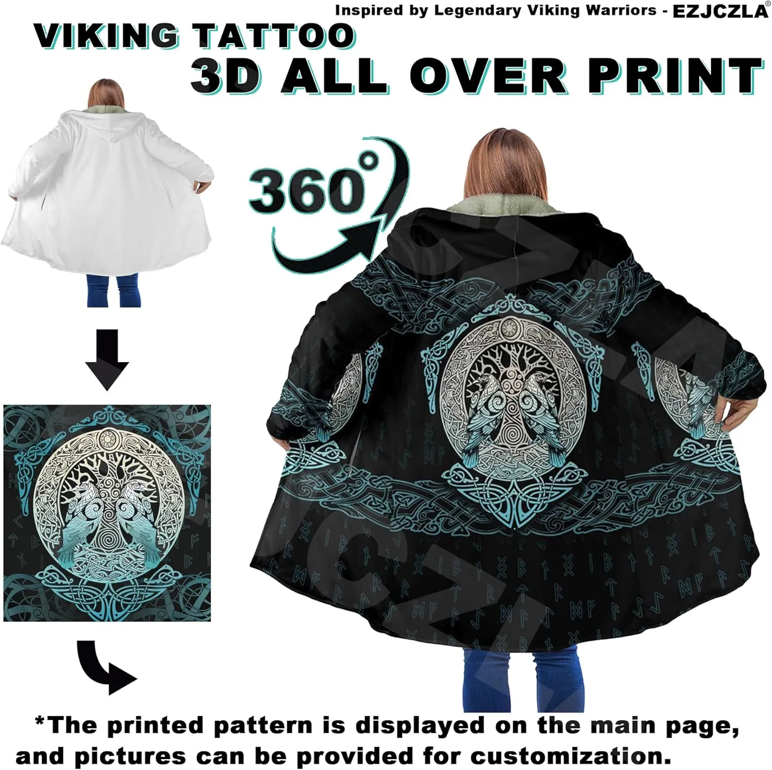 Embody the Spirit of the Vikings 3D Print Hooded Coat for Men Winter Fleece-Lined Lightweight Cloak with Hood Jackets