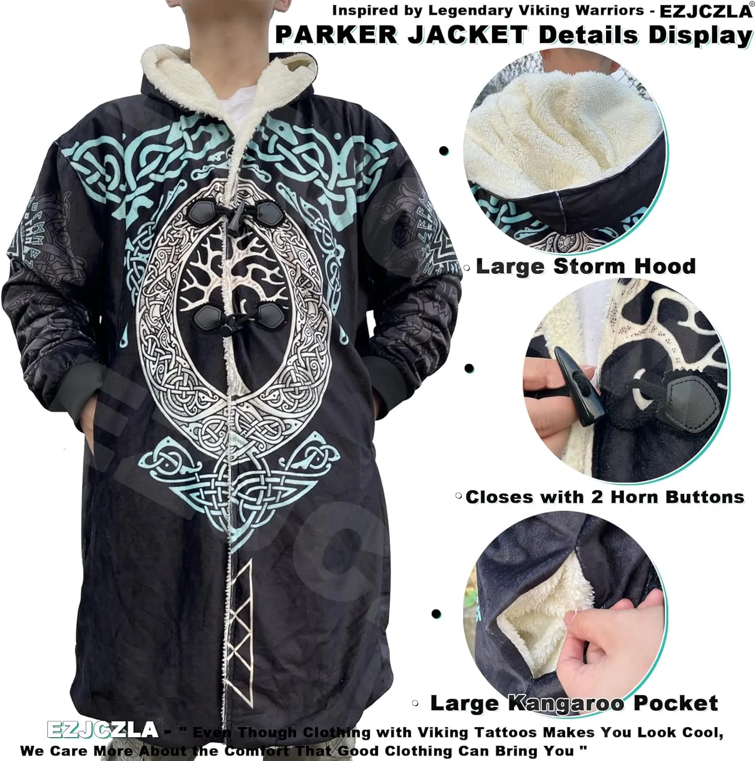 Embody the Spirit of the Vikings 3D Print Hooded Coat for Men Winter Fleece-Lined Lightweight Cloak with Hood Jackets