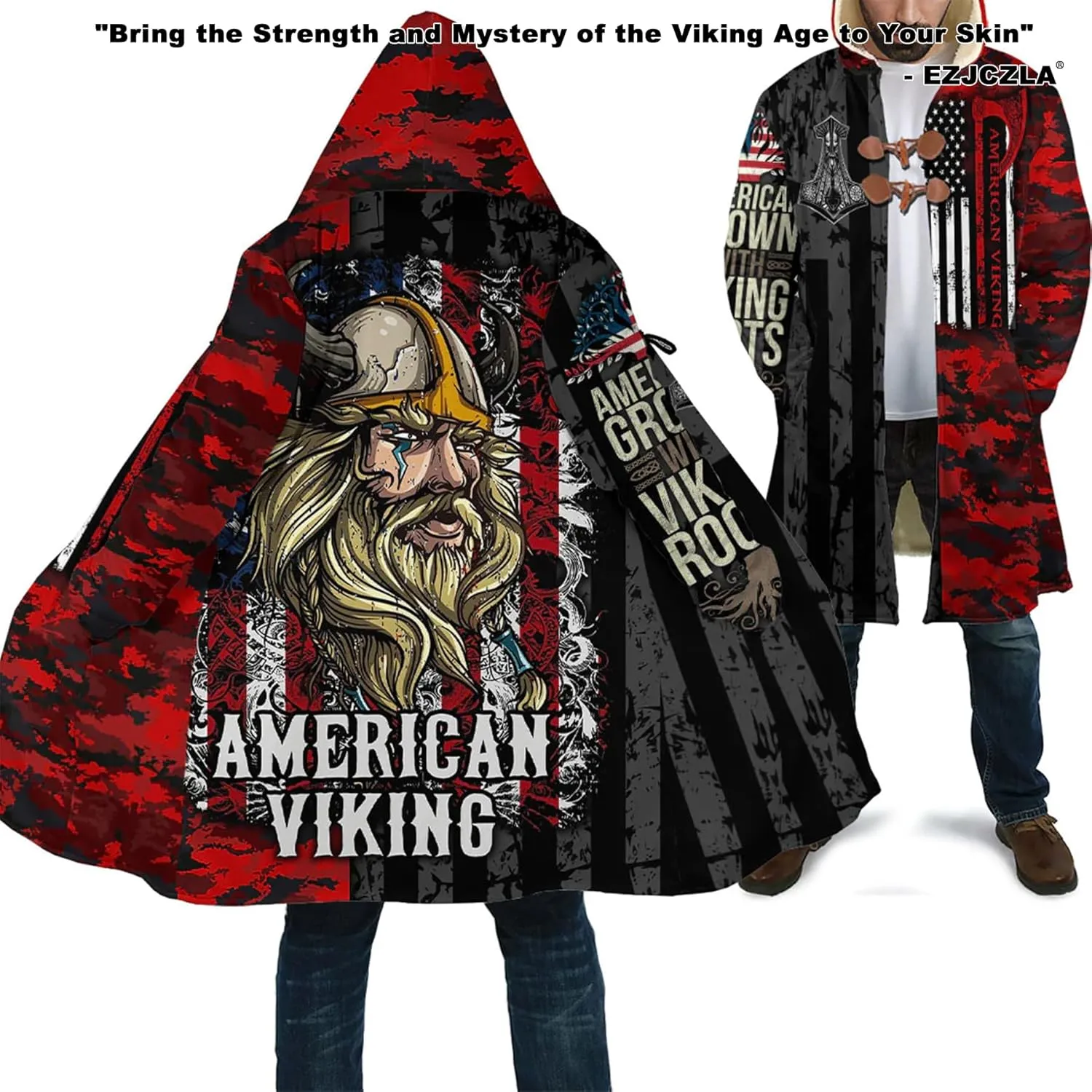 Embody the Spirit of the Vikings 3D Print Hooded Coat for Men Winter Fleece-Lined Lightweight Cloak with Hood Jackets