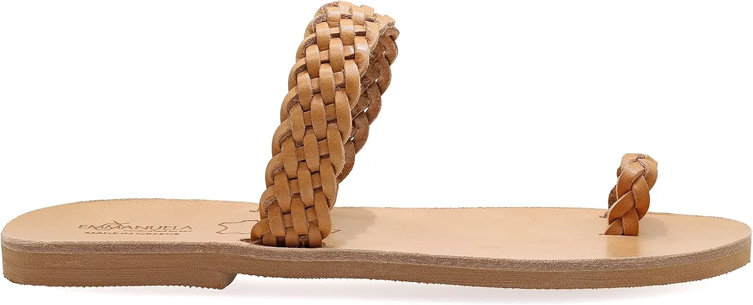 Emmanuela Ancient Greek Style Sandals, Handmade Braided Leather Toe Ring Flat Sandals, Quality Slide on Summer Shoes for Women, Boho Chic Slider Sandals