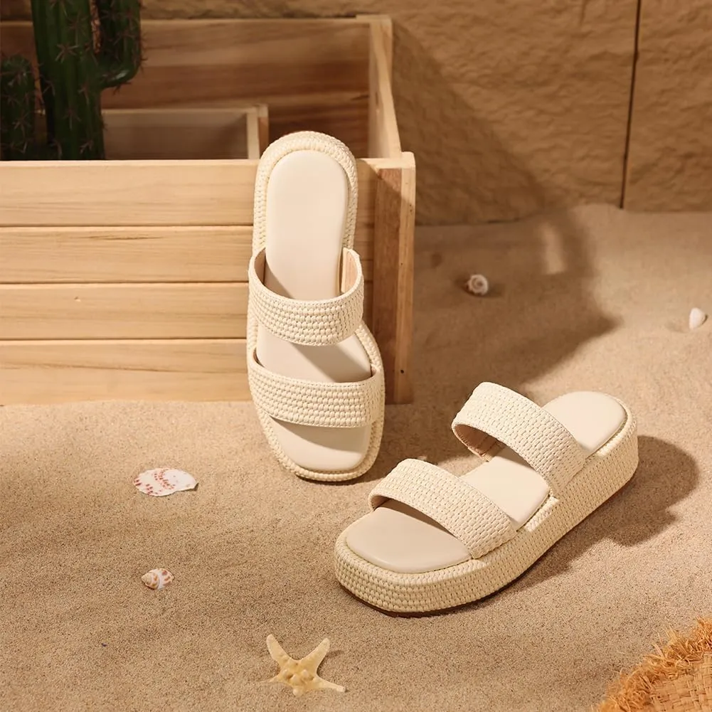 Erocalli Platform Sandals Women Cute Wedge Espadrilles Slip on Summer Beach Raffia Vacation Sandal Comfortable Open Toe Dressy Shoes
