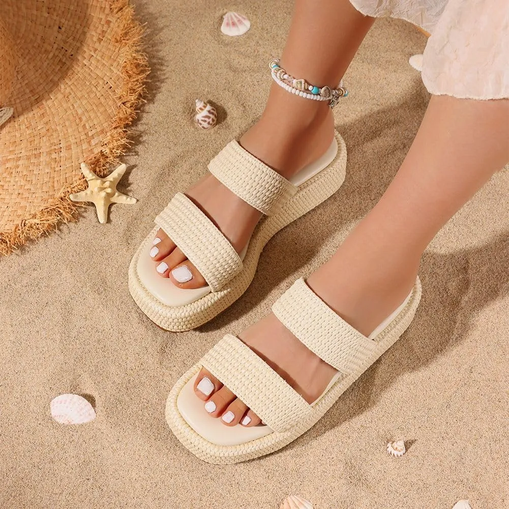 Erocalli Platform Sandals Women Cute Wedge Espadrilles Slip on Summer Beach Raffia Vacation Sandal Comfortable Open Toe Dressy Shoes