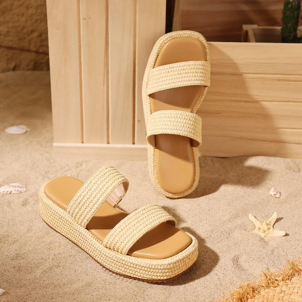 Erocalli Platform Sandals Women Cute Wedge Espadrilles Slip on Summer Beach Raffia Vacation Sandal Comfortable Open Toe Dressy Shoes