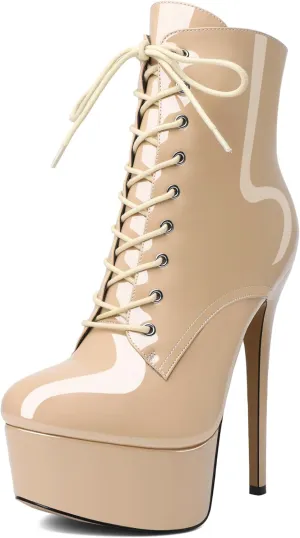 Esvowido Women's Ankle Booties Lace Up Boots Platform High Heel Round Toe Stilettos Short Boots with Side Zipper Sexy Ankle Boots