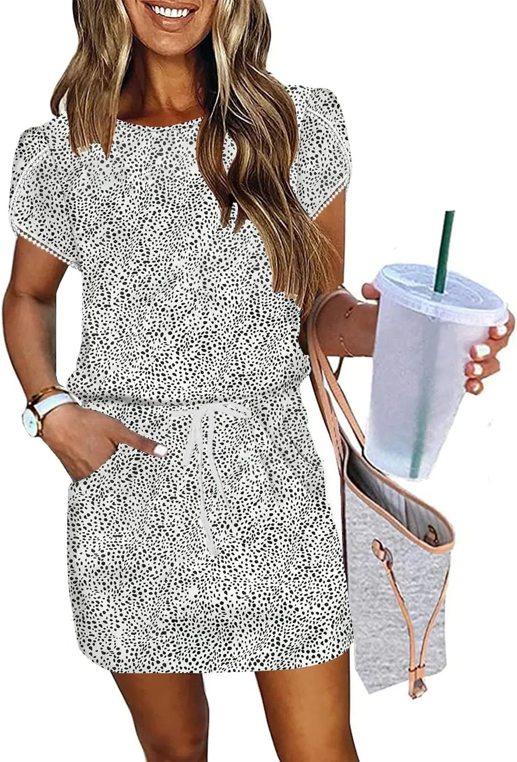 ETCYY NEW Womens Summer Dresses Tie Front Chic Mini Dress Petal Short Sleeve with Pockets