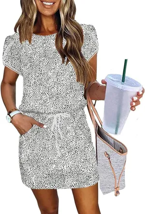 ETCYY NEW Womens Summer Dresses Tie Front Chic Mini Dress Petal Short Sleeve with Pockets