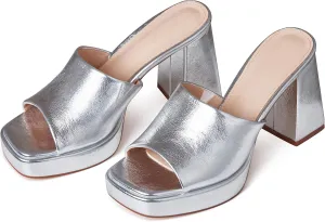 Eteridrey Women's Platform Slides Slip on Chunky High Heel Sandals Outdoor Square Toe Slippers Fashion Summer Walking Party Dress Bridal Shoes