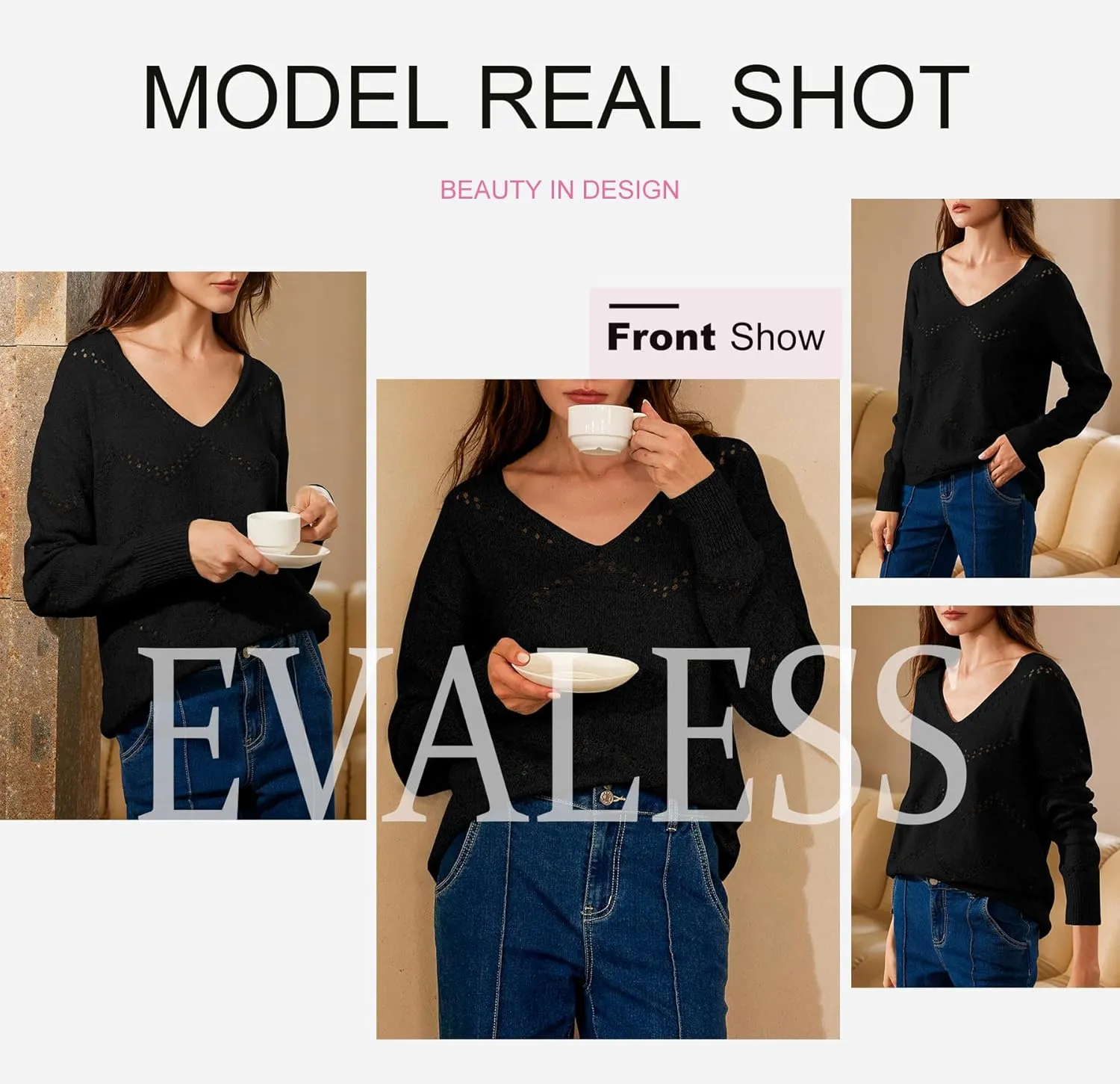 EVALESS Women's Crochet Sweater Top Hollow Out Long Sleeve Pullover Tops Fall Outfits Fashion 2024