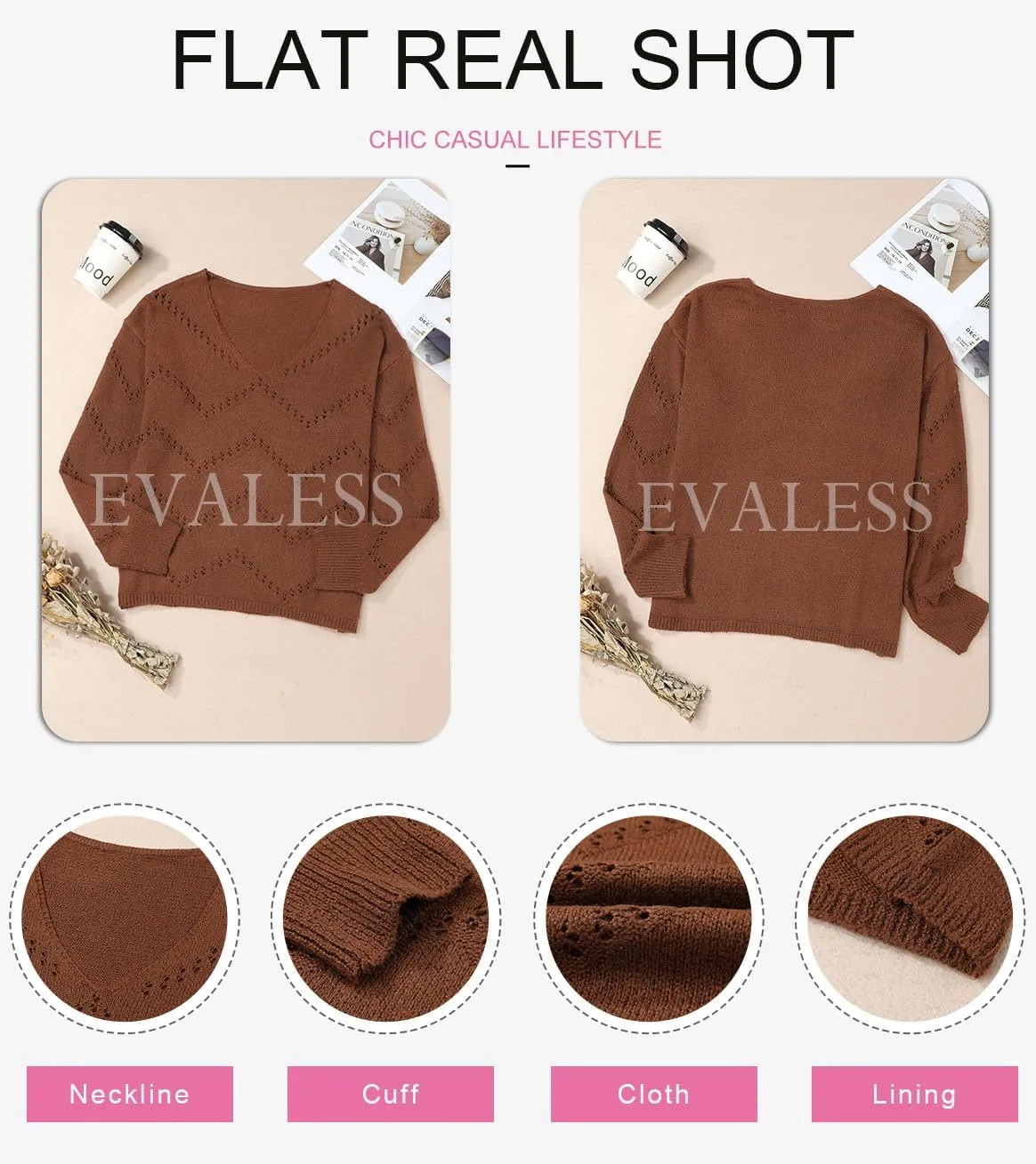 EVALESS Women's Crochet Sweater Top Hollow Out Long Sleeve Pullover Tops Fall Outfits Fashion 2024