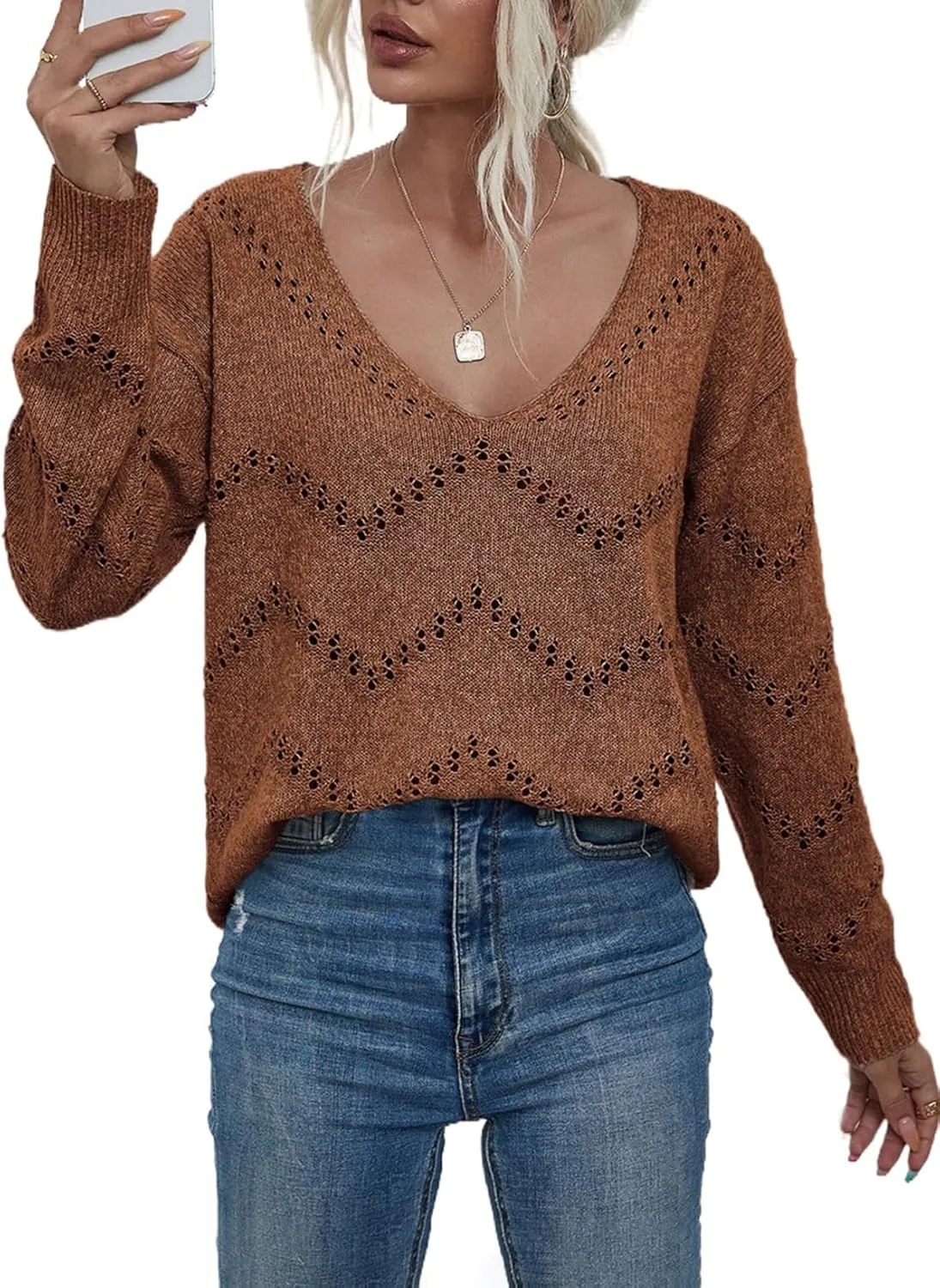 EVALESS Women's Crochet Sweater Top Hollow Out Long Sleeve Pullover Tops Fall Outfits Fashion 2024
