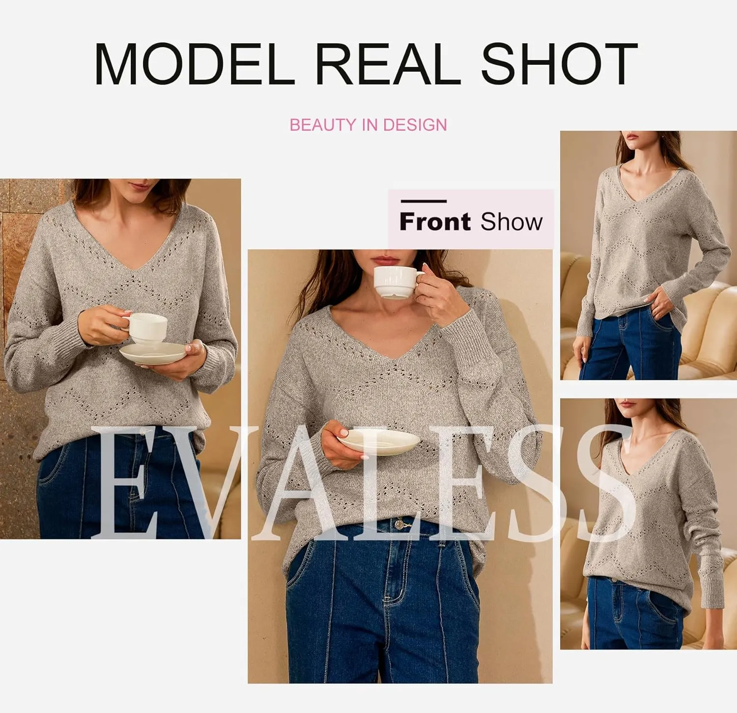 EVALESS Women's Crochet Sweater Top Hollow Out Long Sleeve Pullover Tops Fall Outfits Fashion 2024