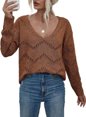 EVALESS Women's Crochet Sweater Top Hollow Out Long Sleeve Pullover Tops Fall Outfits Fashion 2024