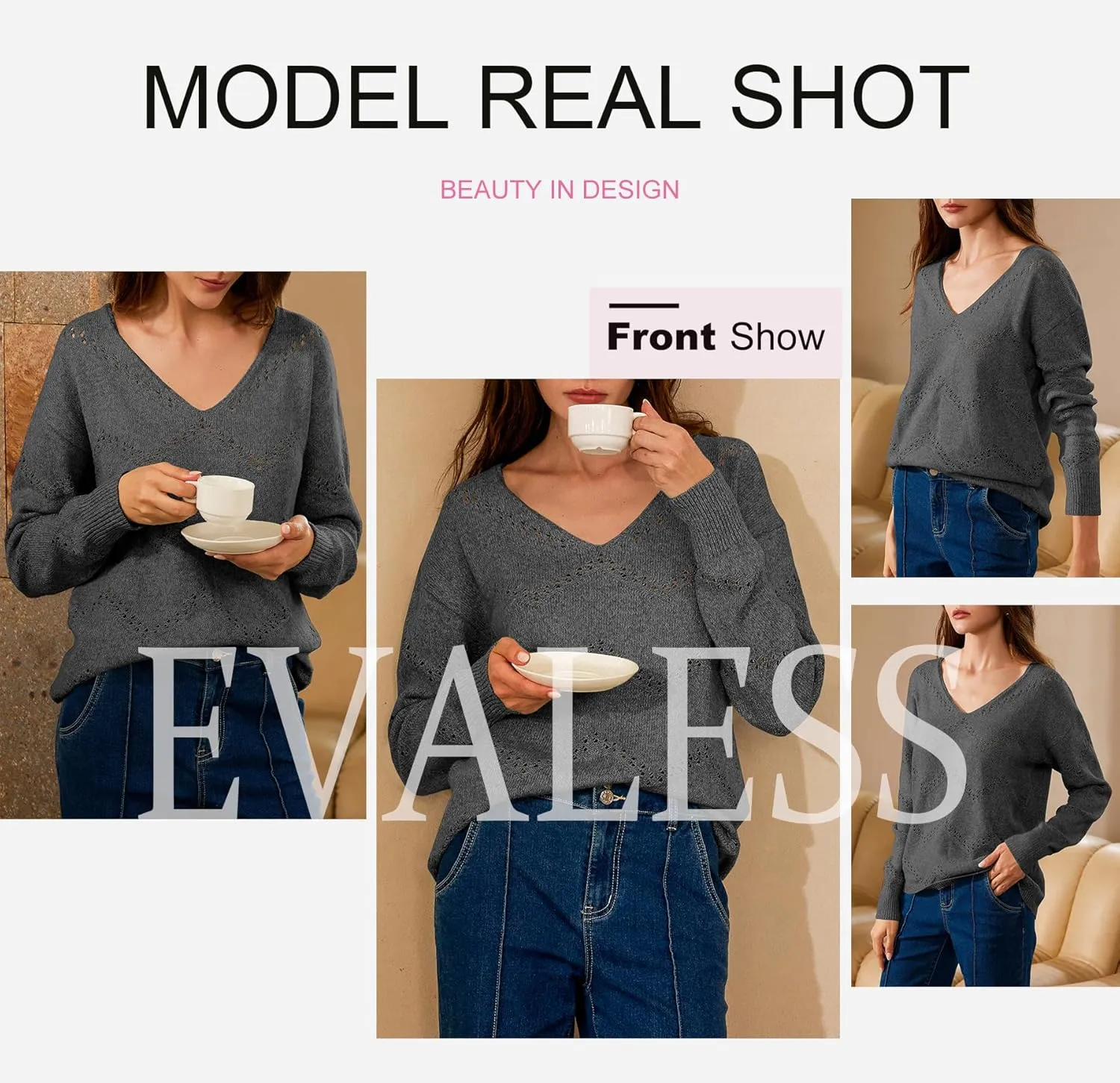 EVALESS Women's Crochet Sweater Top Hollow Out Long Sleeve Pullover Tops Fall Outfits Fashion 2024