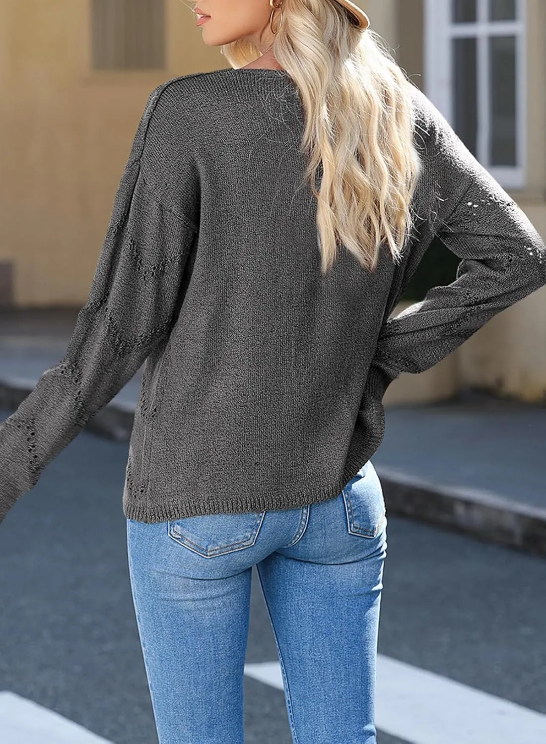 EVALESS Women's Crochet Sweater Top Hollow Out Long Sleeve Pullover Tops Fall Outfits Fashion 2024