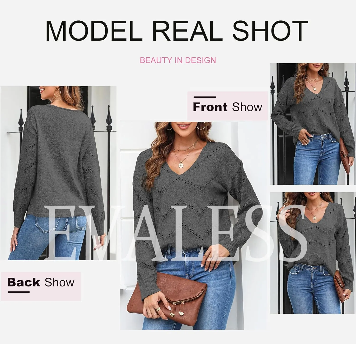 EVALESS Women's Crochet Sweater Top Hollow Out Long Sleeve Pullover Tops Fall Outfits Fashion 2024