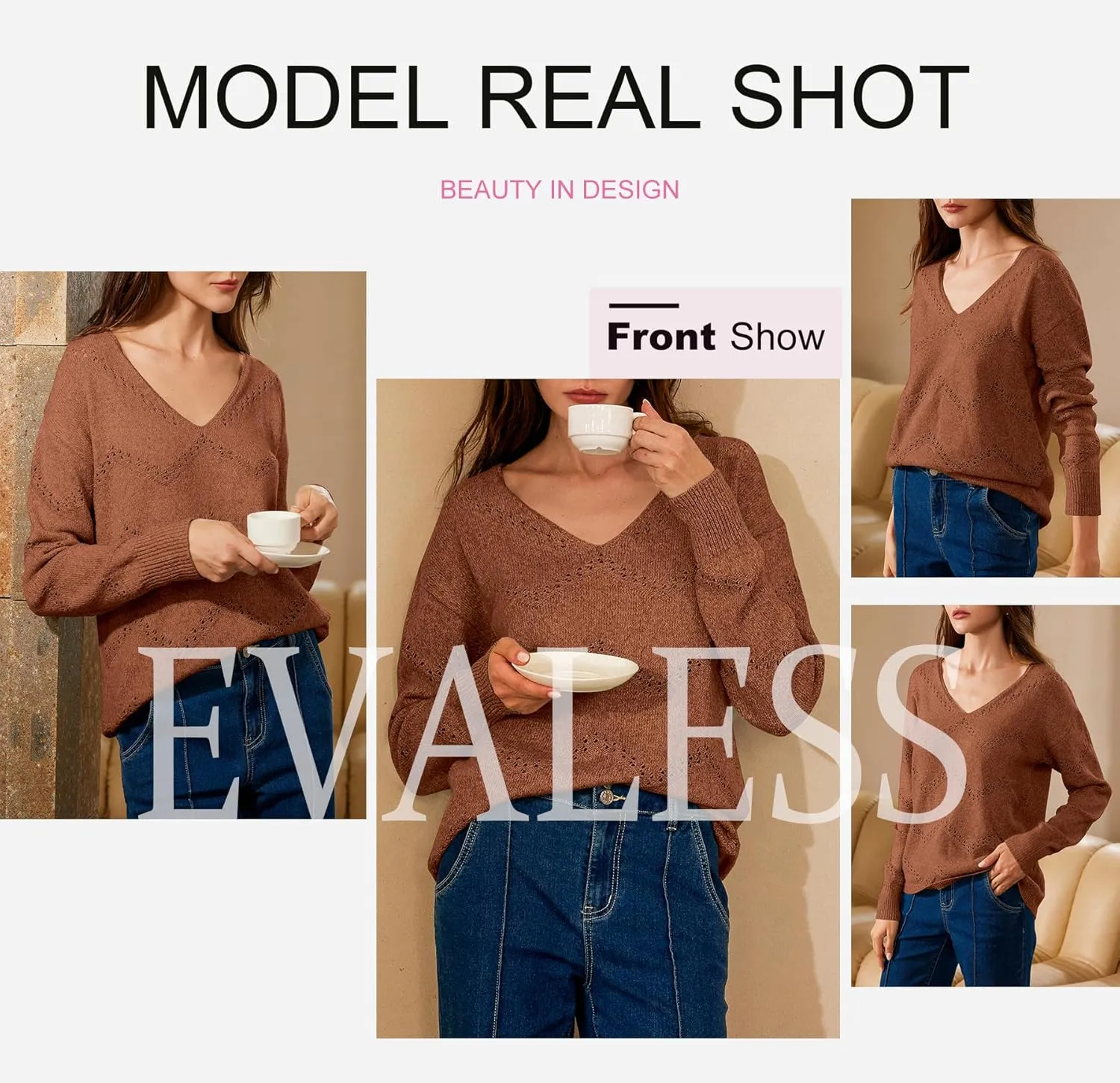 EVALESS Women's Crochet Sweater Top Hollow Out Long Sleeve Pullover Tops Fall Outfits Fashion 2024
