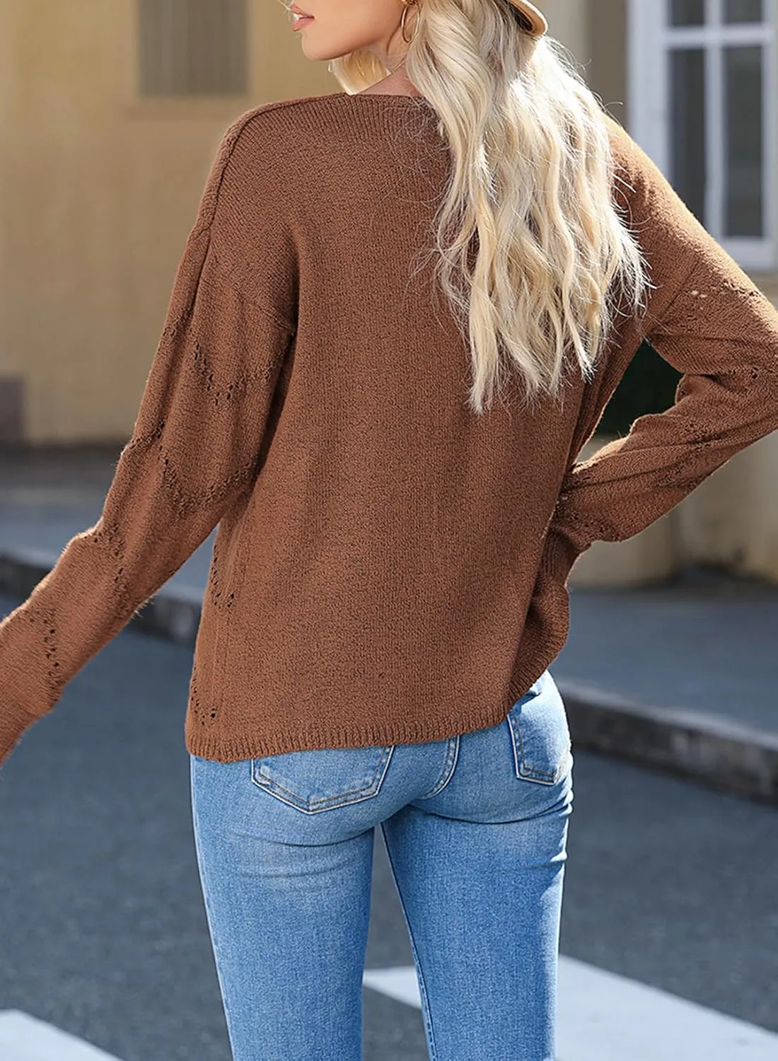 EVALESS Women's Crochet Sweater Top Hollow Out Long Sleeve Pullover Tops Fall Outfits Fashion 2024