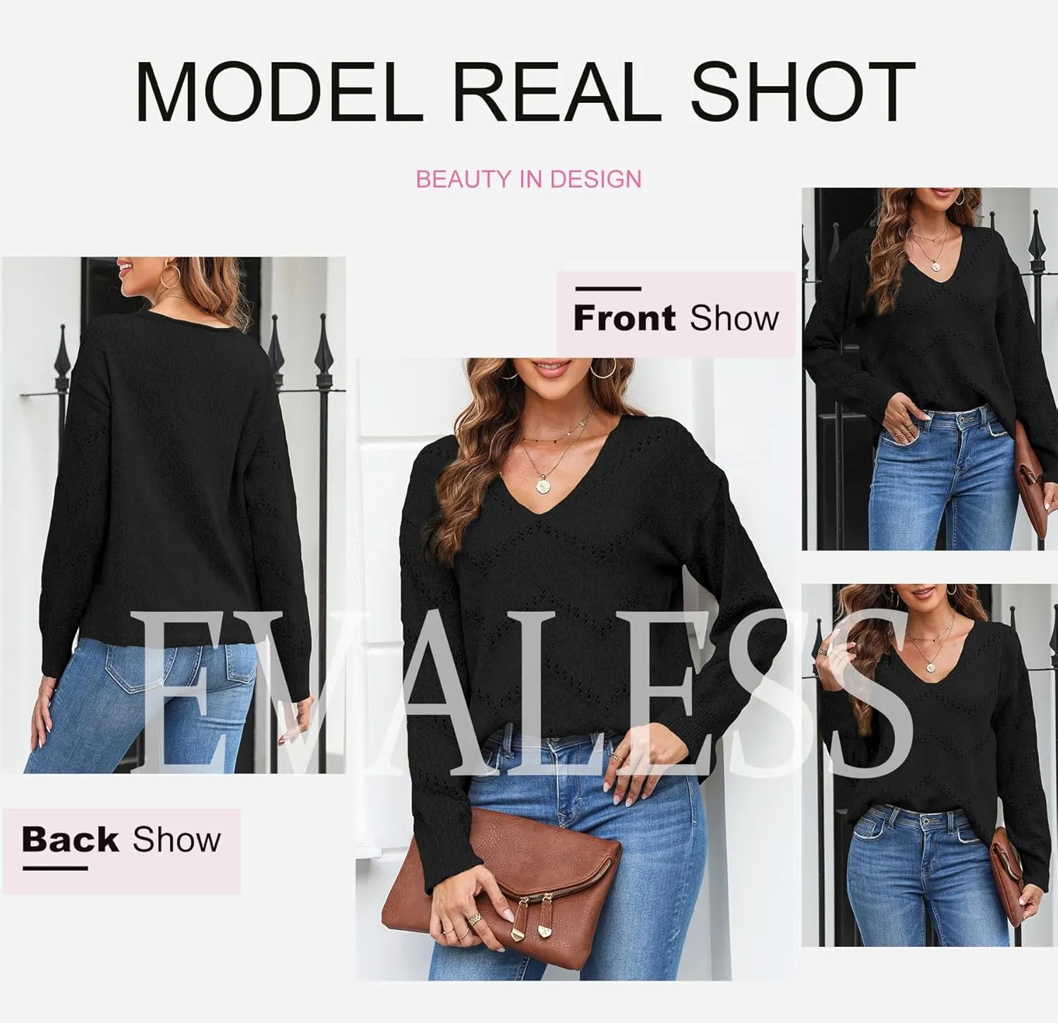 EVALESS Women's Crochet Sweater Top Hollow Out Long Sleeve Pullover Tops Fall Outfits Fashion 2024