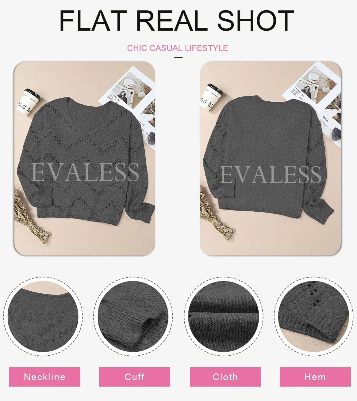 EVALESS Women's Crochet Sweater Top Hollow Out Long Sleeve Pullover Tops Fall Outfits Fashion 2024